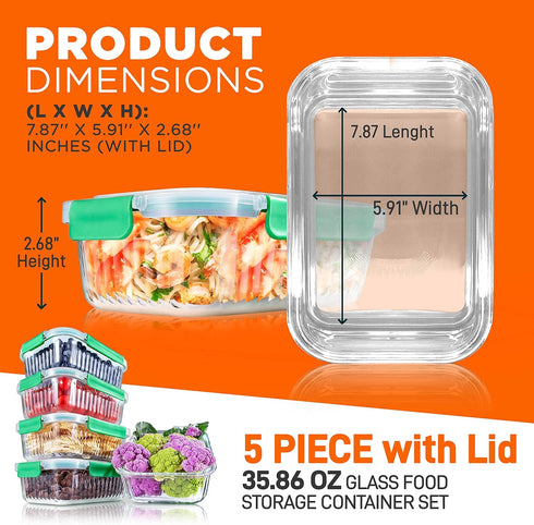 NutriChef 5-Piece Reusable Glass Meal Prep Containers, 30 oz Stackable Kitchen Storage with 4-Side Locking Plastic