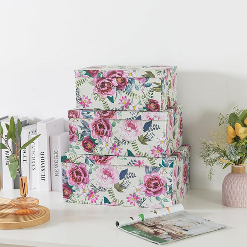 Soul & Lane Decorative Cardboard Storage Boxes, Floral Luxe Set of 3, Nesting Boxes with Lids for Keepsakes