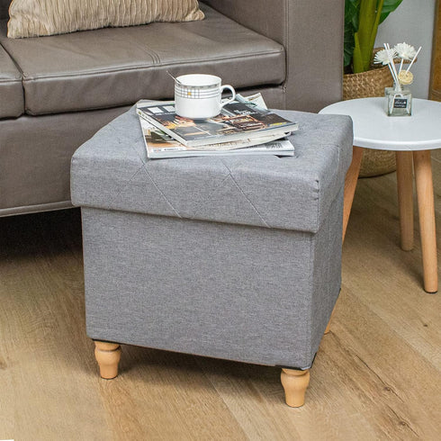 15"x12.6"x15.4 CAROLMADE Folding Storage Ottoman Cube Linen Footstool with Wood Legs Ottoman Footrest for Living Room