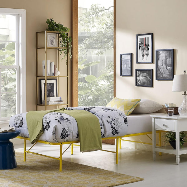 Modway Horizon Folding Metal Mattress Bed Frame, Twin Size, Yellow, Replaces Box Spring