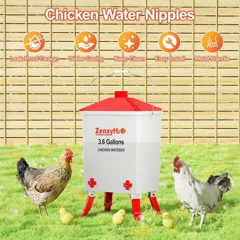 3.6 3 4 ZenxyHoC Gal Chicken Waterer with Anti-Roost Cone, Height Adjustable Locking Legs and Horizontal Nipples