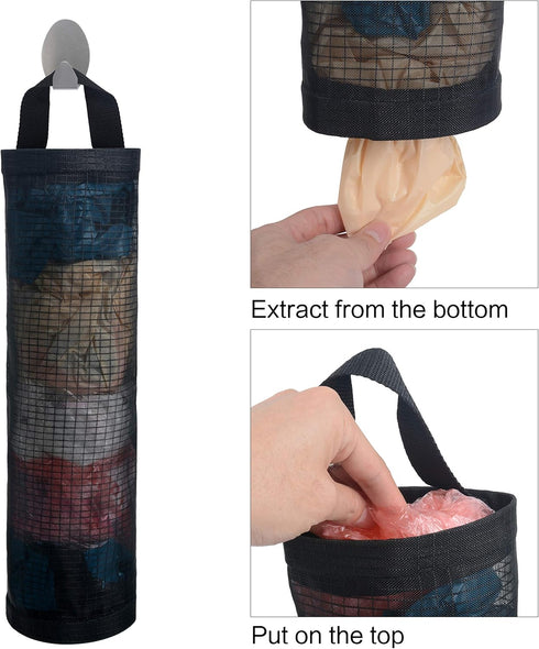 Sulimy Mesh Garbage Bag Holder Dispensers, 2pcs Folding Trash Bags Organizers with 2 Hooks for Home Kitchen, Black
