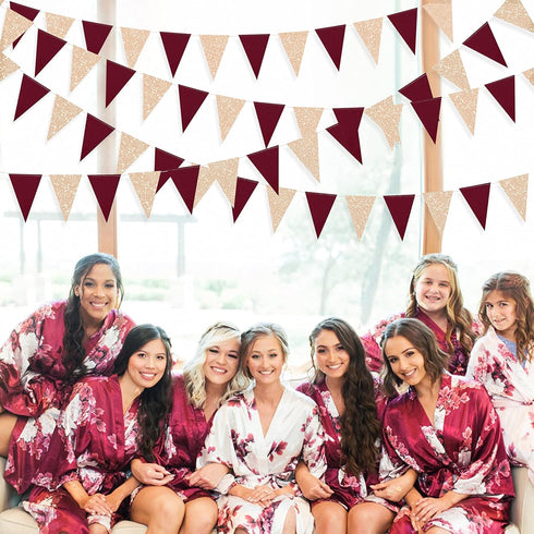 Burgundy Party Decorations - Maroon Champagne Gold Triangle Banner Flag Bunting for Birthday, Engagement, Wedding, Baby