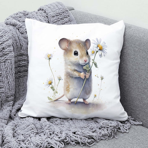 Cute Mouse and Flower Throw Pillow Cover, 18x18 Inch Sweet Floral Mice Cushion Case for Home Room Decor