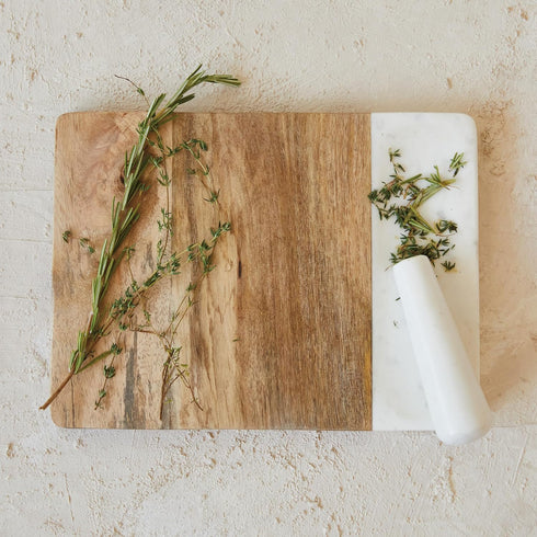 Creative Co-Op Mango Wood and Marble Cheese and Cutting Board with Inlaid Marble Pestle, Natural and White