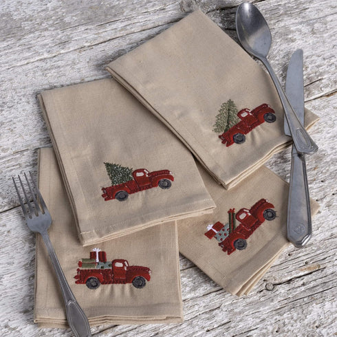 Primitives by Kathy Stitch Art Dinner Napkins Set - Truck with Christmas Tree