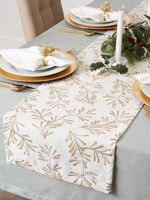 DII Holiday Dining Table Linen - Metallic Fabric Christmas Table Runner, 14x108, Gold Holly Leaves