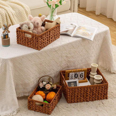Set of 3 Wicker Storage Baskets with Built-in Handles - Multipurpose Nesting Baskets for Kitchen, Bathroom, Closet