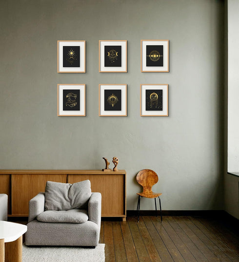 Occult Gold and Black Prints - Set of 6 Glossy Wall Art Decor (8x10) Alchemy, Witch, Third Eye, Planets