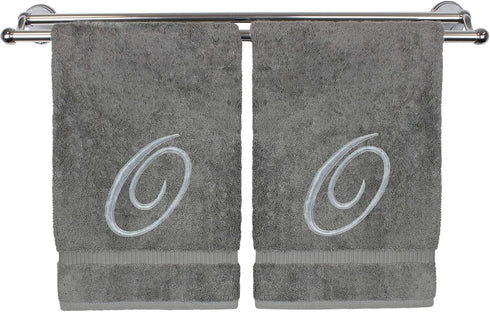 Monogrammed Hand Towel Set of 2 - Personalized Gift, 16 x 30 Inches - Silver Embroidered 100% Turkish Cotton