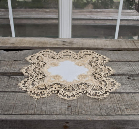 Gold European Lace and Antique Jacquard Fabric Doily - 14 Inch Square Placemat
