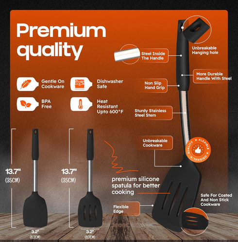 Silicone Spatula Set - Turner Spatulas Silicone Heat Resistant 600°F - Slotted & Solid Silicone Spatulas for Cooking Fish, Eggs, Pancakes Flipper – Silicone Cooking Utensils Set – Black by BAKEROYAL