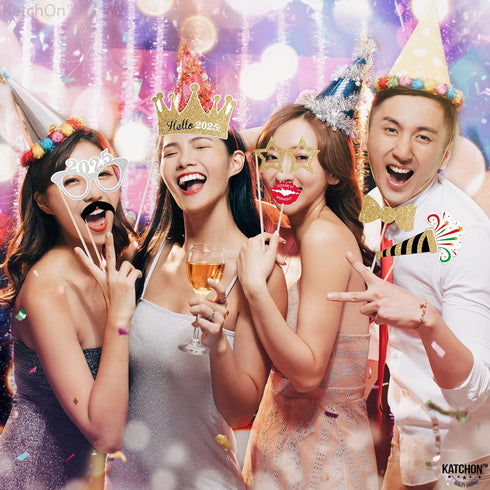 KatchOn Photo Booth Props for New Years Eve 2025 | Huge Pack of 35 | Happy New Year Decorations and Party Supplies