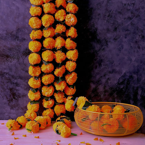 5 PC - 4.5 feet Marigold Garland with Green Leaves, Indian/American Wedding Party Decoration, Faux Floral