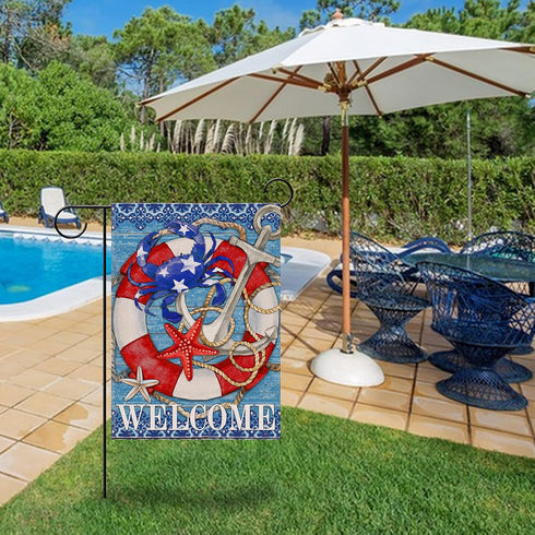 Welcome Summer Nautical Crab Garden Flag, Coastal Beach Anchor Lifebuoy Outdoor Decoration, Double Sided