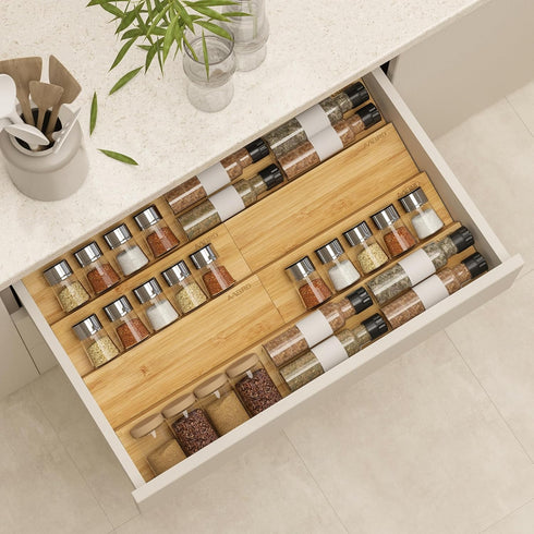 AMBIRD Bamboo Spice Drawer Organizer with Non-slip Mat,4 Tier - 2 Set