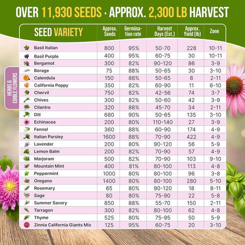 25 Pack 11900+ Culinary Herbs & Edible Flower Seed Variety for Planting Indoor & Outdoors. Non-GMO Heirloom Flower