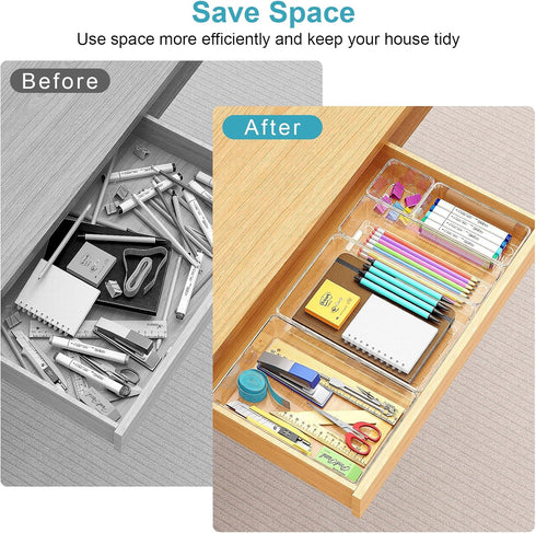 Drawer Organizers Set of 80, Clear Plastic Storage Bins in 4 Sizes for Kitchen, Bathroom, Office, Dresser, Jewelry,