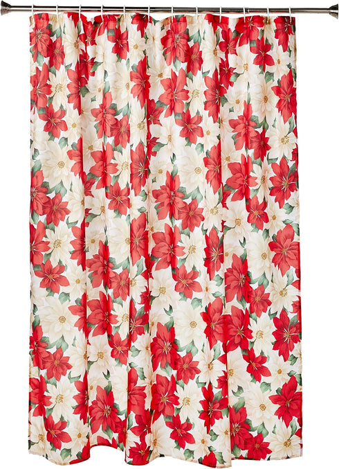 Violet Linen Decorative Christmas Printed Poinsettia Floral Design Shower Curtain, 72" X 72"