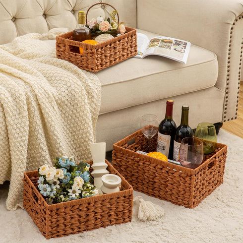 Set of 3 Wicker Storage Baskets with Built-in Handles - Multipurpose Nesting Baskets for Kitchen, Bathroom, Closet