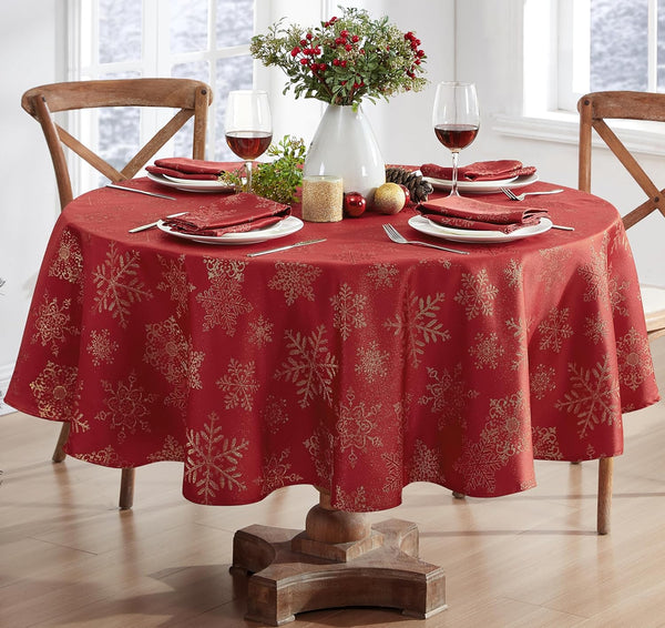 Newbridge Fancy Metallic Snowflake Christmas Tablecloth - 70 Inch Round, Red Gold, No-Iron Soil Resistant Holiday Cover