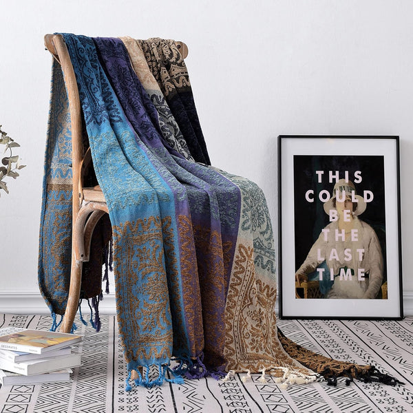 Edcooy Boho Chair Cover Colorful Chenille Tassels Hippie Throw Blanket for Couch Bed