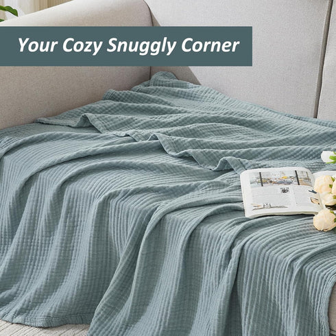 EMME 90"x90") Cotton Muslin Queen Blanket Bed Layering Bedspread Coverlet Breathable Gauze Soft Lightweight (Heather