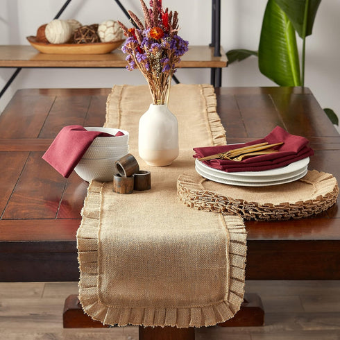 DII Jute Burlap Collection Table Runner, 14x108 with Ruffle Trim for Kitchen Tabletop