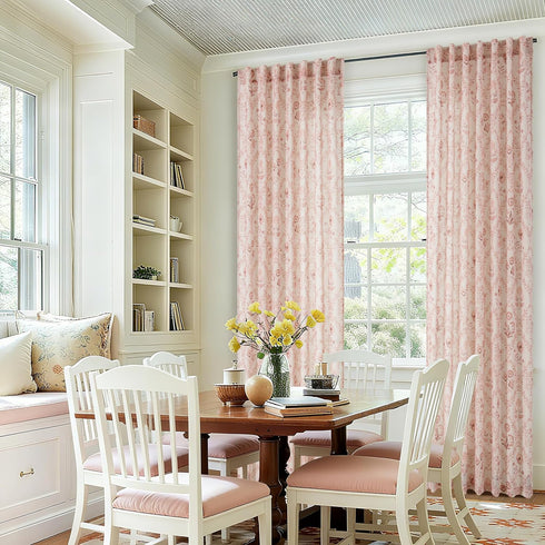 96 Inch 2 Set Pink Linen Floral Curtains Panel for Living Room Semi Sheer Light Filtering Window Curtains Blush Flower