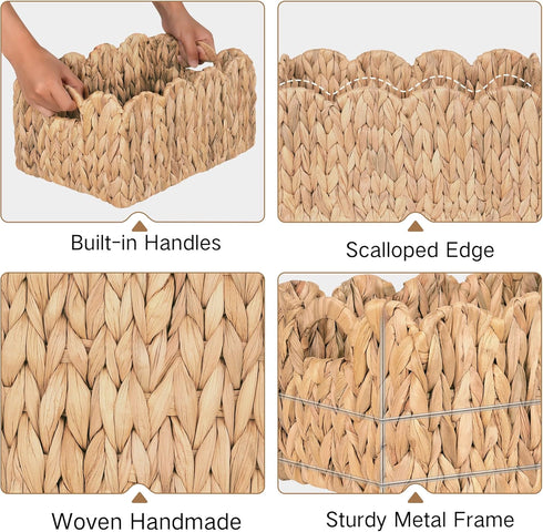 Set 2 iEGrow Scalloped Wicker Basket, of Woven Rattan Natural Water Hyacinth Baskets with Built-in Handles, Rectangle