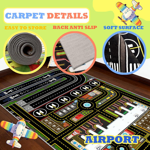 39''x59'' Kids Car Rug Carpet Playmat for Play Toy Cars, Airplane Road Airport Parking Track Rugs Carpet for Playroom