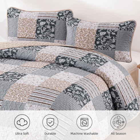 Set 3 Set, Set 90"x96" Mybedsoul Patchwork Quilt Queen Size, Pieces Blue Brown Floral Plaid Bedspread Coverlet