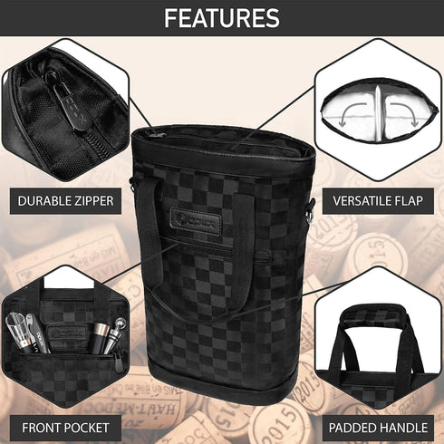 OPUX Insulated 2 Bottle Wine Carrier Tote, Leakproof Wine Cooler Bag for BYOB Picnic, Portable Wine Case, Checker Black