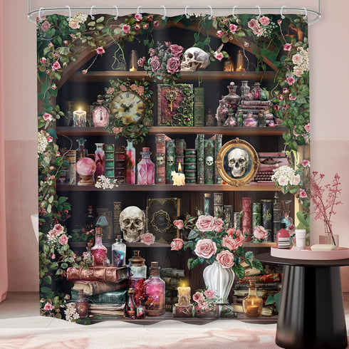 Gothic Skull Shower Curtain 60Wx72H Witchy Spooky Pink Rose Vintage Retro Wizard