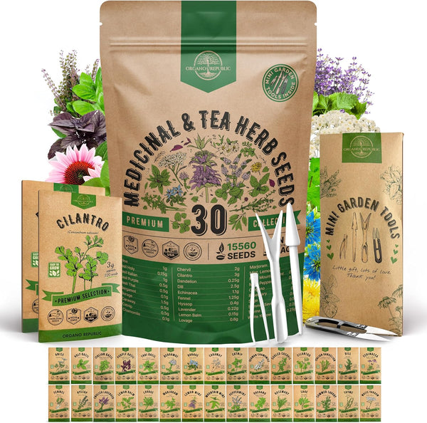 Organo Republic 30 Medicinal & Tea Herb Seeds Variety Pack 15,560+ Non-GMO