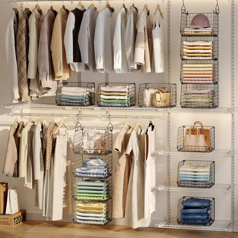X-cosrack 4 Tier Closet Hanging Organizer, Clothes Shelves with 5 S Hooks, Wire Storage Bins for Clothing Accessories
