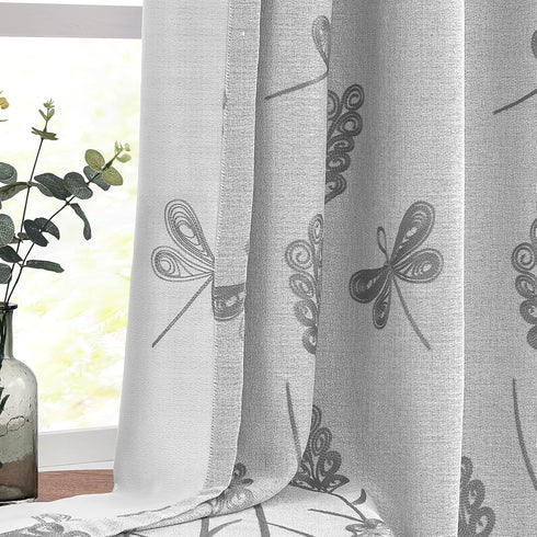 Melodieux Wheat Embroidery Linen Textured Curtains for Living Room, Rustic Flax Drape Grommet, Grey Wheat, 52 by 84 Inch