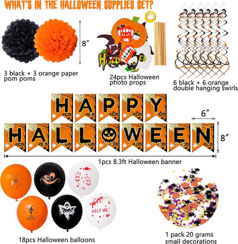 62PCS Halloween Party Decorations Set, Photo Booth Props, Banner, Balloons, Spider Pumpkin Supplies