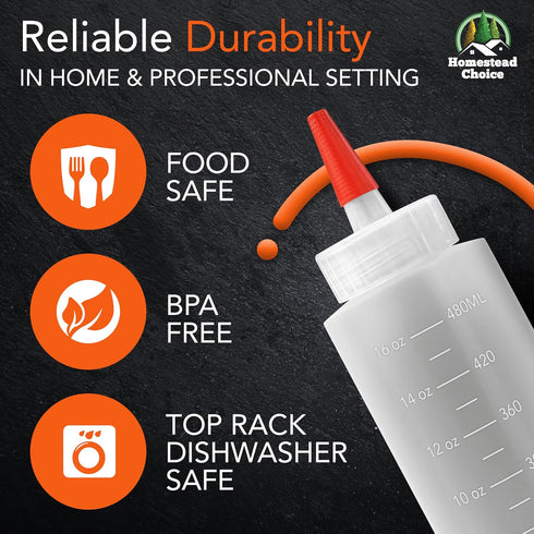 2-pack 16oz Homestead Choice Plastic Squeeze Bottles for Sauces - Condiment Squeeze Bottles for Liquids - BPA Free