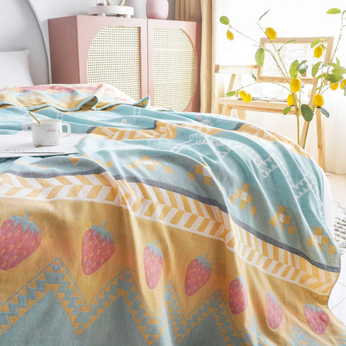 MEJU Summer 100% 2 80 90 Boho Bunny Rabbit Green Muslin Lightweight Strawberry Blanket Throw for Bed Sofa Couch, Cotton