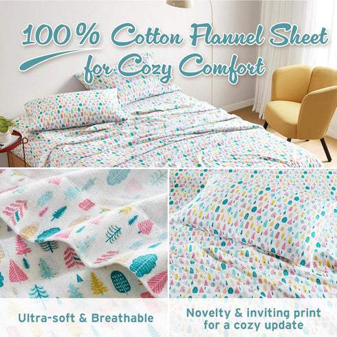 Cozy 100% Set, 16" 4 Intelligent Design Soft Cotton Flannel Sheets, Breathable Festive & Adorable Print Cotton Flannel