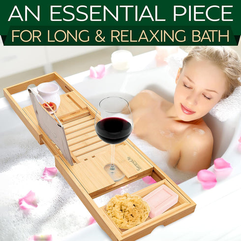 SereneLife Luxury Bamboo Bathtub Caddy Tray, Adjustable Wood Organizer with Wine Holder and Phone Slot