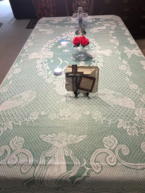 WUBODTI Christmas White Lace Rectangular Tablecloths, Floral Embroidered Angel Pattern, 60W x 84L for Baby Showers &
