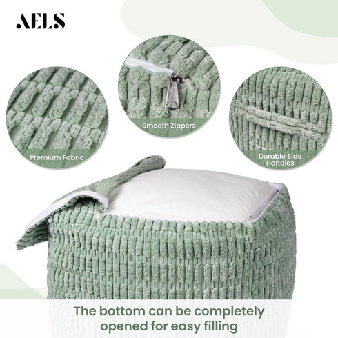 18"x18"x18", AELS Unstuffed Farmhouse Pouf Cover for Living Room, Boho Storage Bean Bag Cubes, Sage Green Soft Corduroy