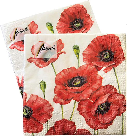 20-ct Decorative Valentine's Napkins Red Poppy Floral Paper for Mother's Father's Day Gorgeous Lunch Dinner 6.5 x 6.5 x
