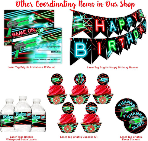 Laser Tag Brights Invitations, 12 Invitations + 12 Envelopes, Double Sided Party Supplies