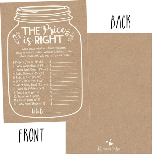 Hadley Designs Baby Shower Games Set, 25 The Price is Right Baby Shower Game Cards for 25 Guests