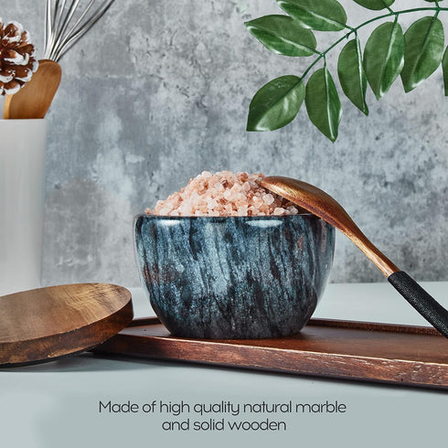 MarcZero Large Salt Box Spice Seasonings Keeper Pepper Container,Marble Base with Wooden Cover,Salt Cellar Big Capacity