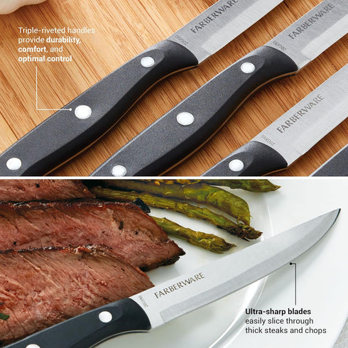 Farberware Triple-Riveted 4-Piece Steak Knife Set, High-Carbon Stainless Steel, Set of 4, Black