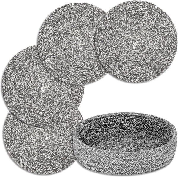 Trivets for Hot Dishes, 4 Pcs Cotton Coasters and Storage Basket, Pot Holders for Kitchen, Hot Pads for Table (Grey)